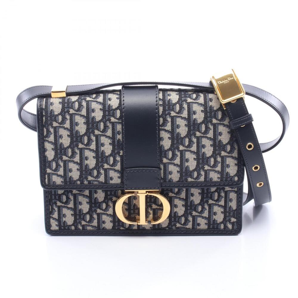 Christian Dior Montaigne Oblique Shoulder Bag Canvas Leather Navy Blue Gray